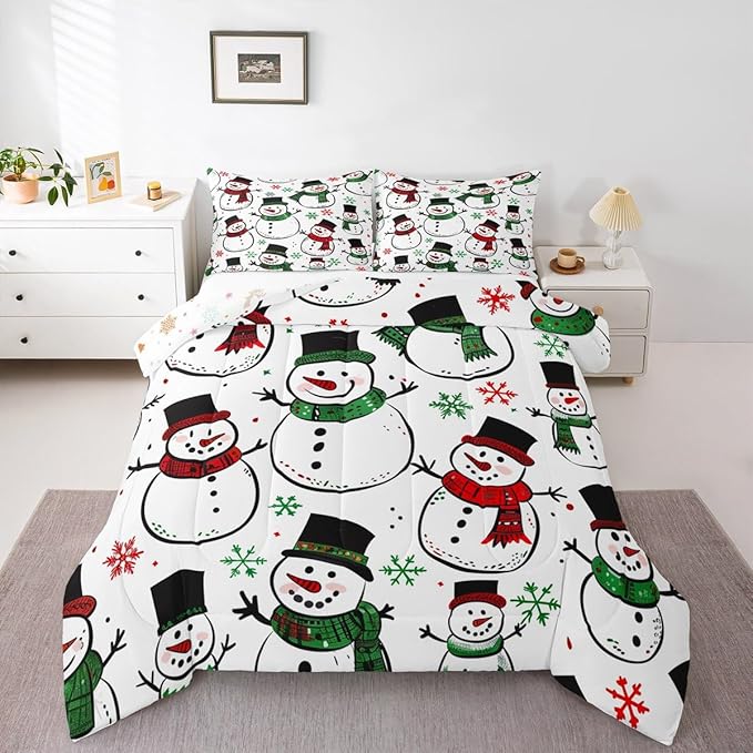 Feelyou Christmas Comforter Set All Season Snowman Bedding Set with 1 Pillow Cases Snowflake Microfiber Kids Twin Bedclothes Bedroom Decor Duvet Quilt Breathable Soft Lightweight