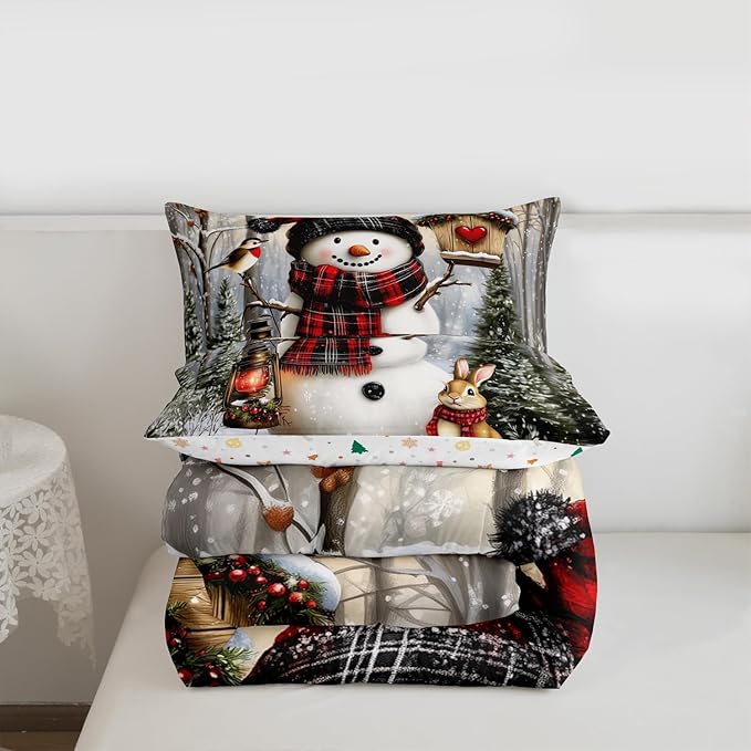 Kawaii Snowman Girls Bedding Set Twin Size,Rabbit Bird Winter Poinsettia Comforter Set,Pine Tree Xmas Animal Snowflake Quilt Comforter Girls Boys Teens,Gray Green Room Decor All Season,1 Pillowcase