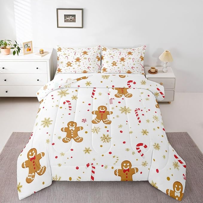 Feelyou Cute Gingerbread Man Comforter Set Queen Size Candy Cane Bedding Set for Kids Boys Girls Golden Snowflake Duvet Quilt Christmas Pattern Bedroom Decor Festive Design 3 Pcs with 2 Pillow Cases
