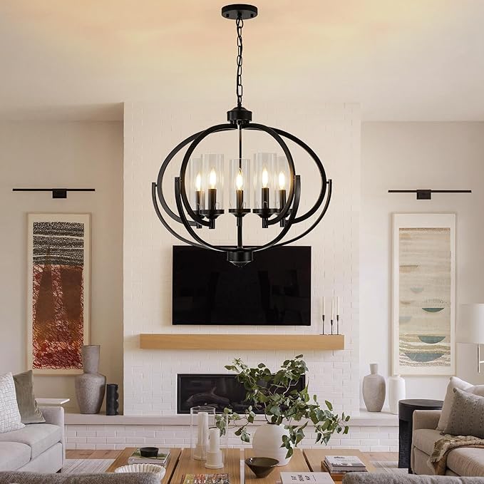 WJShome Farmhouse Black Chandelier for Dining Room, 5-Light Modern Foyer Lighting Fixtures, Adjustable Height Hanging Lantern Pendant Light with Glass Shade, for Kitchen Island Hallway Entryway