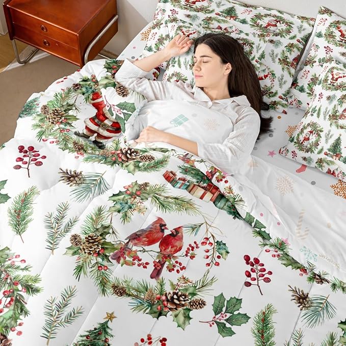 Erosebridal Merry Christmas King Comforter Set with Sheets 7 Piece Red Green Xmas Cardinal Bed in A Bag Xmas Snowman Santa Claus Bedding Sets for Teens Christmas Red Berry Branches Wreath Bed Set