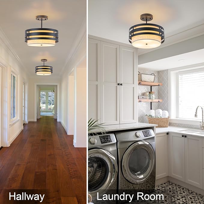 12.6” Drum Semi Flush Mount Ceiling Light Fixture 3-Light Black Fabric Ceiling Lights with Linen Shade, Farmhouse Close to Ceiling Lighting for Bedroom Hallway Kitchen Entryway Foyer Dining Room