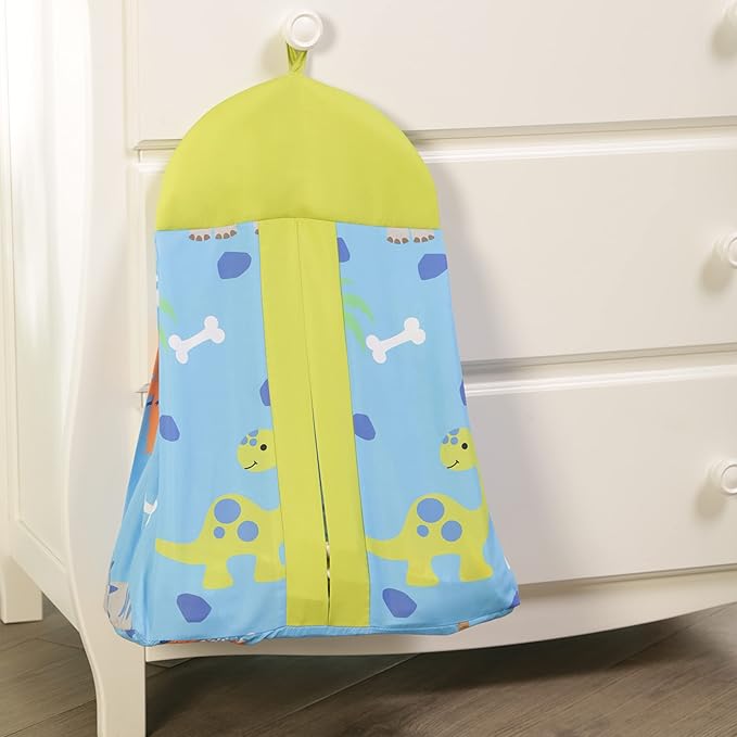 EVERYDAY KIDS Dinosaur 4 Pc Crib Bedding and Nursery Set Includes Baby Bed Quilt, Fitted Sheet, Dust Ruffle and Diaper Stacker; Triceratops and T-Rex Dino Design for Baby Boys