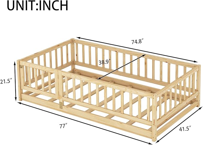 Twin Size Floor Bed Frame with Door and Slats,Montessori Floor Bed with Safety Guardrails for Girls Boys,Solid Wood Kids Montessori Bed Twin Size,Natural