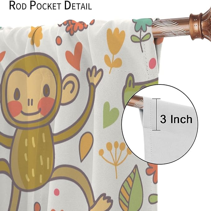 Cute Monkeys Curtains, Zoo Theme Cartoon Funny Animals Crocodile Giraffe Turtle with Flowers Print Thermal Insulation Window Drapes for Kids Boys Girls Baby Bedroom Living Room 42x54 Inch