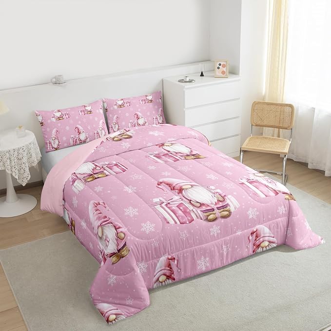 Feelyou Pink Christmas Bedding Set Soft for Boys Girls, Scandinavian Christmas Santa Gnomes Comforter Set Toddler Size Xmas Snowflake Duvet Quilt Bedroom Decor 2 Pcs with 1 Pillow Cases