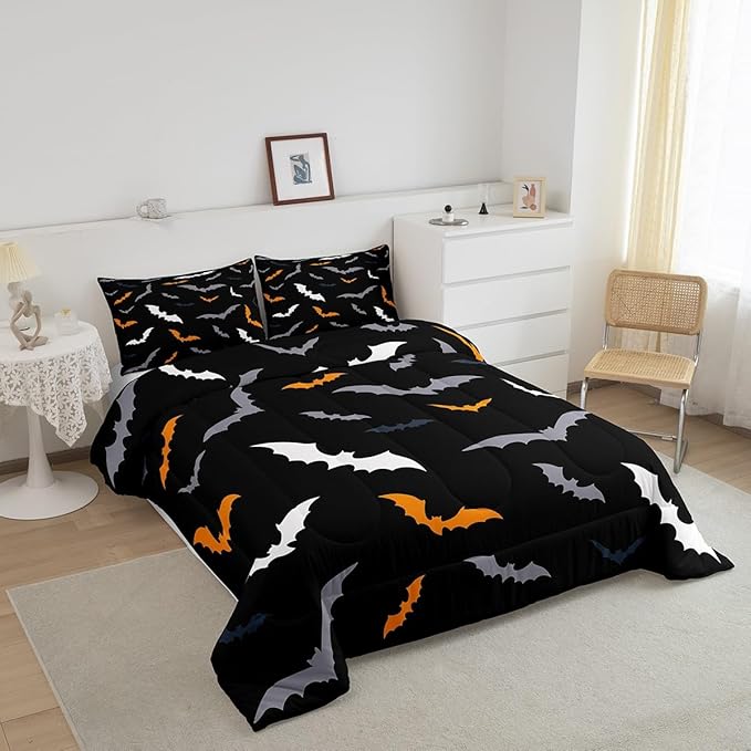 Erosebridal Gothic Halloween Decor Comforter Set - Toddler Size for Kids Boys & Girls - Animal Silhouette Bedding Set with 1 Pillow Case, Orange and Grey Bat Duvet Insert