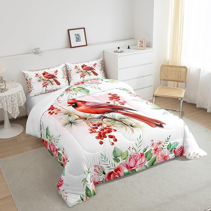 Christmas Bird Comforter Set Toddler Size,Watercolor Red Cardinal Berry Xmas Theme Bedding Set for Kids Girls Bedroom,Pink Floral Green Plant Painting Quilted Set with 1 Pillowcase, White