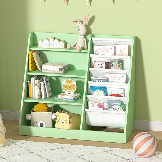 NACHES Montessori Kid Bookshelf Toddler Bookcase Cabinet Children Book Rack Display Toy Storage Organizer 4 Tier 5 Sling Deep Sleeves Classroom Bedroom Nursery Playroom Wood (Green)