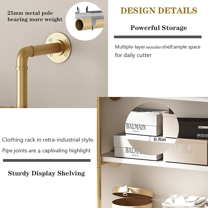 Industrial Pipe Clothing Rack, Wall Mounted Clothes Rack Gold Clothing Rack with Shelf Wardrobe Multi-Purpose Storage Clothes Hanging Shelf-59''L Gold