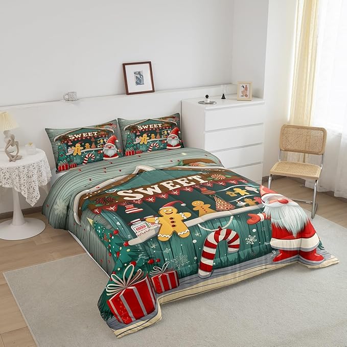 Merry Christmas Kids Comforter Set King Size,Gnome Sweet Candy Xmas Tree Snowflake Winter Bedding Set,Boys Girls Room Decor,Wooden Cabin Rustic Down Comforter,Red Green Duvet Insert,2 Pillowcases