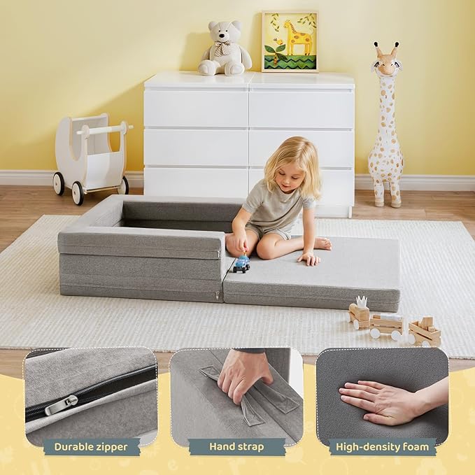 Travel Toddler Bed, 3-in-1 Convertible Sofa Bed for Toddler Portable Floor Beds, Flip Open Sofa Lounger for Girls and Boys, Made with High-Density Foam and Washable Cover,Ash