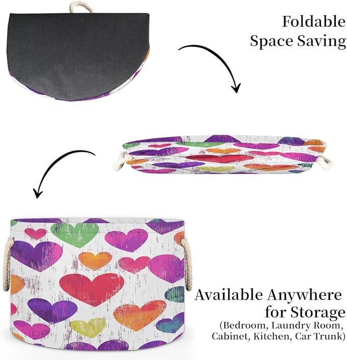 Colorful Hearts Pattern Round Storage Basket for Laundry & Toys, Lightweight Fabric Laundry Hamper with Handles, Foldable Large Organizer Bin for Bedroom Bathroom Nursery Dorm