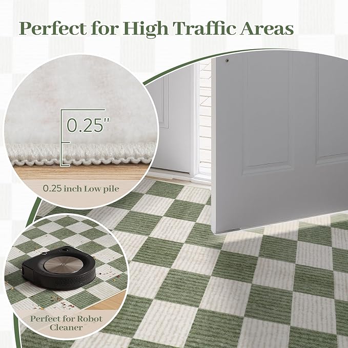 LIVEBOX Washable Runner Rug Checkered, 2x6 Green Runner Rugs for Hallway, Non-Slip Kitchen Runners, Farmhouse Neutral Classic Geometric for Hallways, Entryway, Bedroom, Bathroom(Green 2'x6')