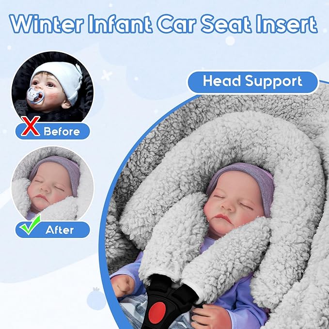 Winter Carseat Head Support for Infant, Infant Car Seat Insert with 2 Car Seat Strap Pads, Plush Fleece Baby Car Seat Cushion for Boys Girls, Multi-use Stroller Padding for Swing, Bouncer, Rocker