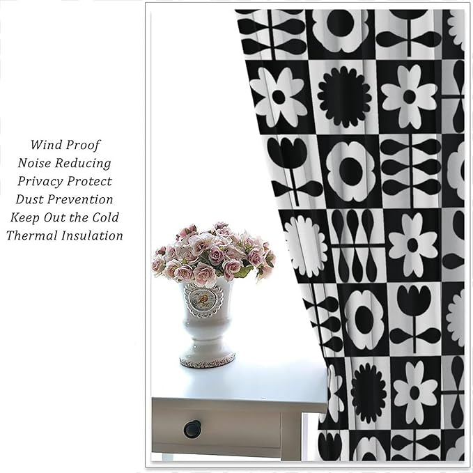 Mid Century Geometric Floral Curtains,Vintage 70s Window Treatments for Boys Girls Kids Bedroom Curtains,Boho Black and White Floral Curtains 55"" W X 63"" L, Style-10