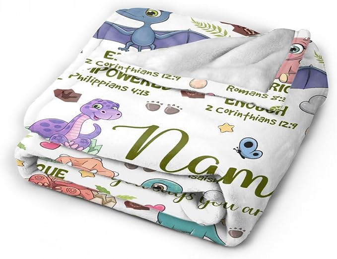 Personalized Dinosaur Blanket,Custom Dinosaur Gifts for Kids Boys,God Says I Am Themed Blanket,Meaningful Thoughtful Religious Baptism Christian Gifts,Bible Verse Quilt with Name, 30"x40"