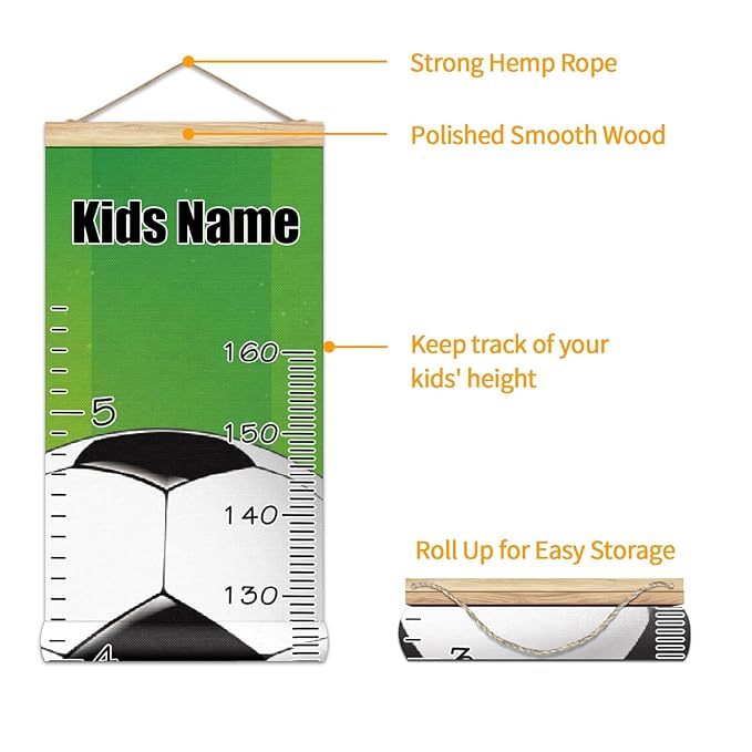Personalized Kids Name Growth Chart Ruler for Wall Wood Frame Height Measure Chart 13.4x56 in Linen Hanging Height Growth Chart Football Soccer Kids Room Decor