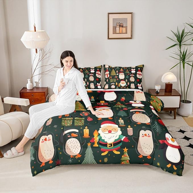 Feelyou Christmas Bedding Set Soft for Boys Girls, Penguin Santa Comforter Set Queen Size Xmas Tree Snowflake Duvet Quilt Microfiber New Year Gift Bedroom Decor 3 Pcs with 2 Pillow Cases