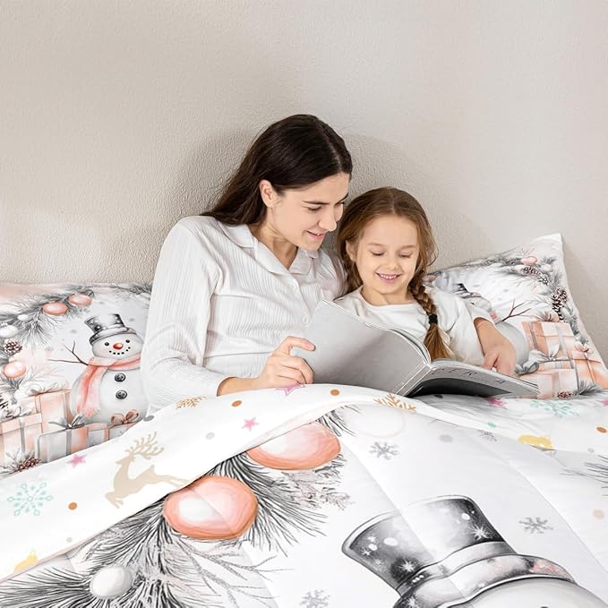 Feelyou Merry Christmas Comforter Set Toddler Size Cute Snowman Bedding Set for Kids Boys Girls Duvet Quilt Snowflake Bedroom Decor Microfiber 2 Pcs with 1 Pillow Cases