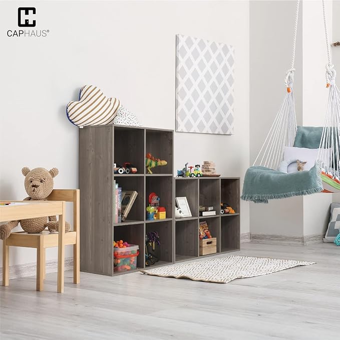 CAPHAUS Sturdy Room 11-Inch Cube Storage Organizer Shelf, with Thick Exterior Edge, Shelf Divider w/Back, Bookcase, 6-Cube / 8-Cube 9-Cube, Colors Available in Rustic Grey Oak and White