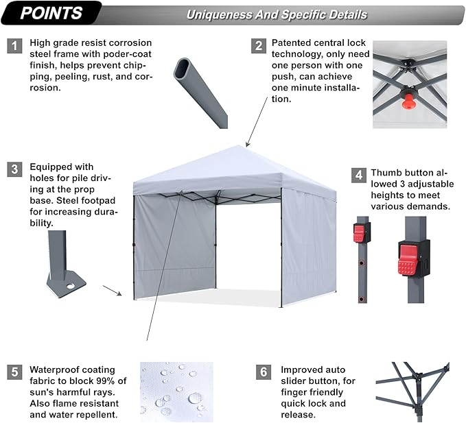 ABCCANOPY Pop up Canopy Tent with 2 Sidewalls for Outdoor Sun Blocking or Rain Protection,10x10, White