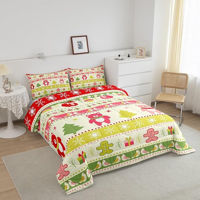 Erosebridal Merry Christmas Comforter Set Kids King Size Xmas Tree Decor Quilts Snowflake Bedding Set Cute Colourful Bear Duvet Insert with 2 Pillow Cases