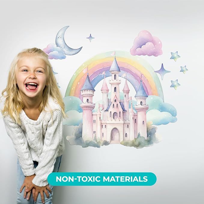 CRYPTONITE Rainbow Wall Decal for Girls Bedroom | Watercolor Castle Vinyl Sticker for Nursery Wall Decor | Cute Stickers for Kids Room, Windows, or Furniture | 3 Sizes (Wide 40" x 35" Height (Large))