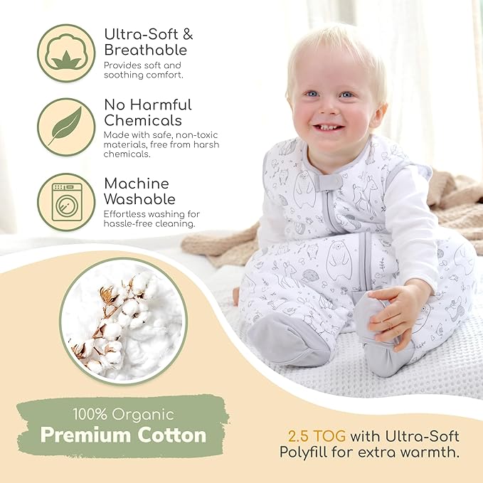 Mama Cheetah Toddler Sleep Sack with Feet 4T - 5T, 2.5 TOG Organic Cotton Baby Sleeping Bag with Legs, Baby Wearable Blankets for Walkers w/ 2-Way Zipper, Baby Sleep Sack for Girls & Boys, XL