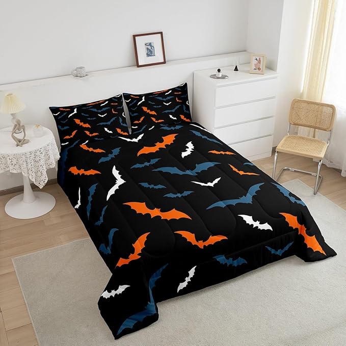 Erosebridal Bat Bedding Set for Kids Adults Boys Girls Happy Halloween Comforter Set Queen Size Gothic Spooky Quilt Orange Bats Duvet Insert with 2 Pillow Cases