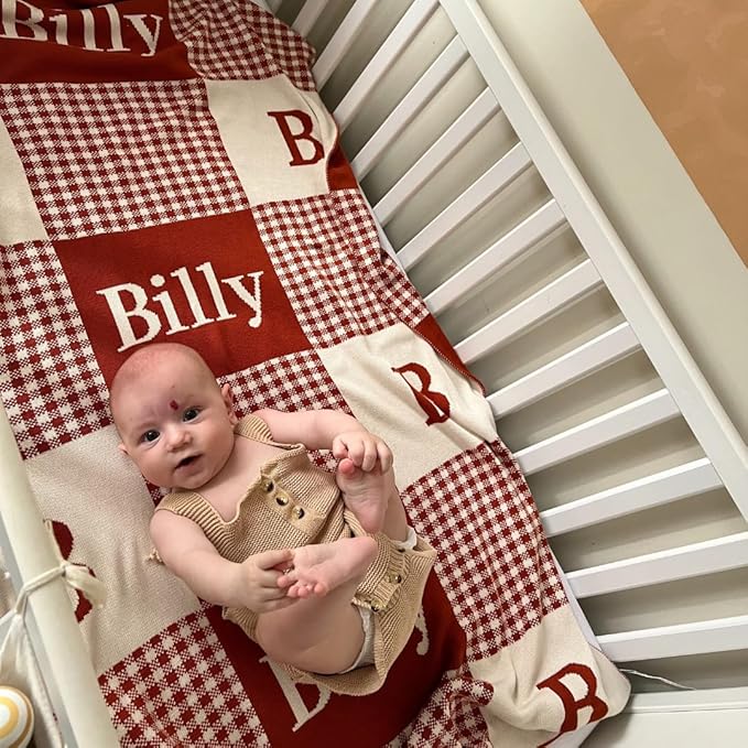 Personalized Signature Gingham Blanket – 100% Organic Cotton Customized Baby Blanket, Custom Name, Crib 36x60, Gift for Baby Shower, Birthday Present, Girls and Boys, Toddlers Kids, Made In America