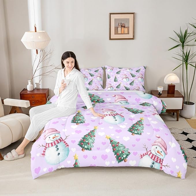 Feelyou Merry Christmas Bedding Set Soft for Boys Girls, Cute Snowman Comforter Set Twin Size Christmas Tree Duvet Quilt Microfiber Love Hearts 2 Pcs with 1 Pillow Cases