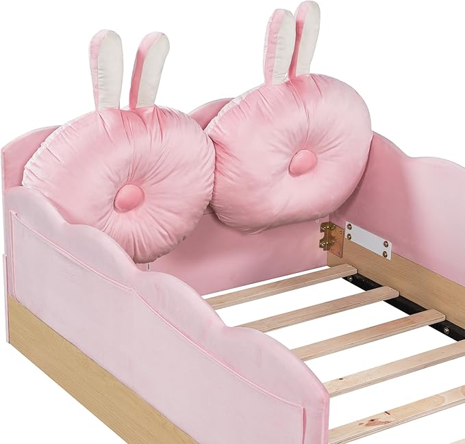Lovely Twin Size Upholstered Platform Bed with 2 Soft Pillows and Storage Bags, Princess Bed Frame with Cute Rabbit Ear Shaped Headboard and Guardrails for Bedroom, No Box Spring Required (Pink-X52)