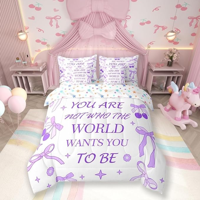 7 Pieces Purple Bowknot Kids Comforter Set King,Cherry Tropical Fruit Stars Daisy Cute Bedding Set,Bow Tie Cartoon Princess Romantic（Comforter+Fitted+Flat Sheet+2 Pillowcases+2 Throw Pillow Covers）