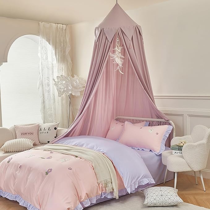 Bed Canopy for Kids, Girls Bed Curtain Bed Room Decor Hanging House Castle Reading Nook Dreamy Canopy(Brown Pink)