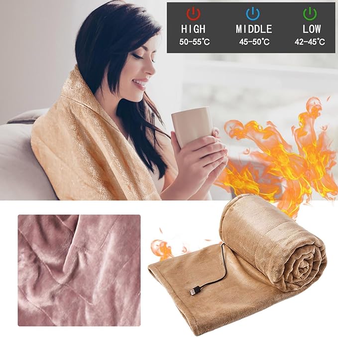 Portable Heated Blanket Throw - USB Charging Flannel Electric Blankets, Fast Heating Warming Winter Throw Blanket for Women, Machine Washable (Beige, 55X31 Inches)