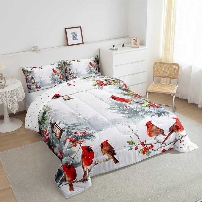 jejeloiu Kids Red Cardinal Comforter Set Full Size Christmas Theme Bedding Set for Boys Girls Teens Xmas Birds Winter Country Woodland Animal Duvet Quilt Room Decor