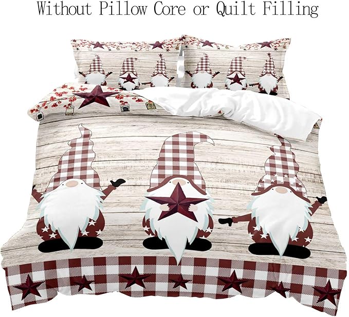 LUVIVIHOME 3PCS Christmas Gnome Duvet Cover Full Bedding Set, Primitive Country Rustic Farmhouse Bedding, Holly Berry Star Red Buffalo Plaid Checkered Comforter Bedspread Quilt Cover, 2 Pillow Shams