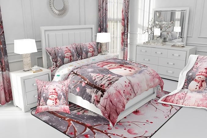 Feelyou Cute Snowman Comforter Set All Season Christmas Tree Bedding Set with 2 Pillow Cases Xmas Snowflake Microfiber Kids King Bedclothes Pink Scarf Bedroom Decor Pink Winter Scene Duvet Quilt