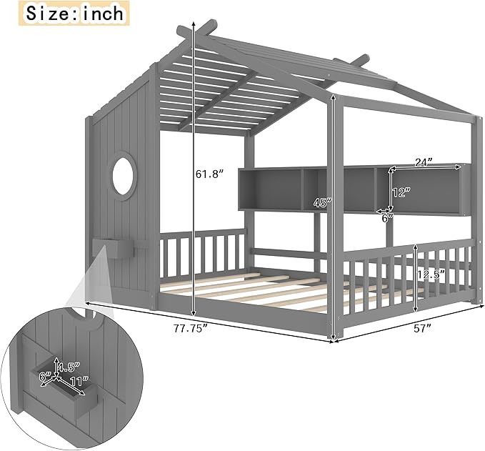 Merax Wood Floor House Bed with Storage Shelves, Full Size Low Day Bed with Headboard & Wood Slat Support, No Box Spring Needed, Gray