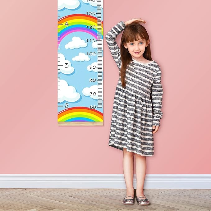 Kids Growth Chart Ruler for Wall Wood Frame Height Measure Chart 13.4x56 in Linen Hanging Height Growth Chart Rainbow Clouds Kids Room Decor
