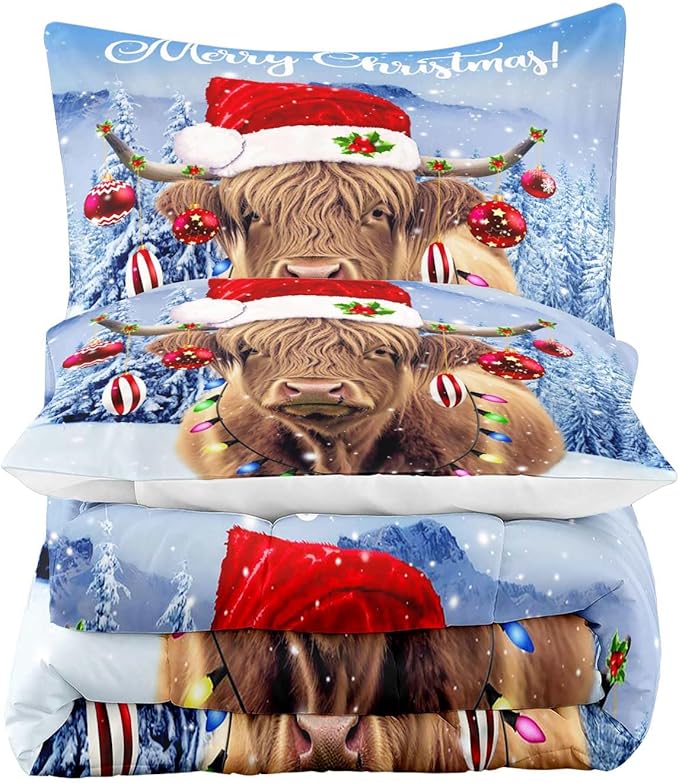 LUVIVIHOME 2PCS Funny Highland Cow Comforter Set Twin Size, Christmas Bedding, Cattle Bull Animal Santa Christmas Balls Winter Holiday Xmas New Year Christmas Bedroom Decor, Cow Gifts, 1 Pillow Sham