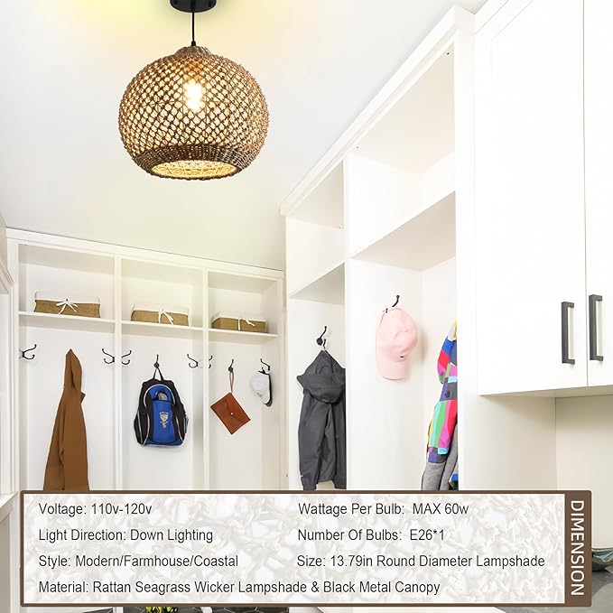 Rattan Pendant Light Fixture,13.77" Hand-Woven Water Plants Rattan Chandelier Boho Wicker Coastal Retro Ceiling Chandelier Lighting, Kitchen Island Farmhouse Dining Room Entryway Foyer1-Light