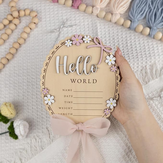 Baby Announcement Sign with Stand & Marker – Hello World Wooden Name Plaque for Newborn Photoshoot, Baby Shower, Rustic Keepsake Birth Stat Sign for Hospital Birth Announcement (Light pink ribbon)