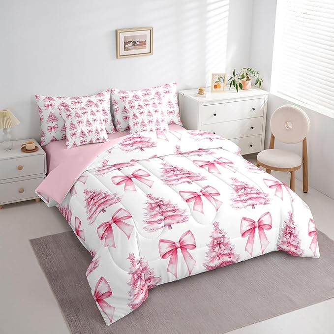 Manfei 7 Pieces Pink Bowknot Kids Comforter Full,Christmas Trees Pine Bow Tie Toddler Bedding Set,Merry Christmas Happy New Year Xmas（Comforter+Fitted+Flat Sheet+2 Pillowcases+2 Throw Pillow Covers）