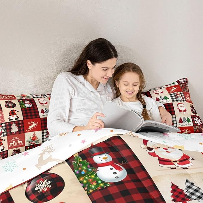 Christmas Comforter Set Full Size,Red Plaid Holiday Design Bedding Set 3pcs,Snowman Santa Claus New Year Patchwork Down Comforter for All Season, Kids Boys Girls Room Decor,2 Pillowcases,No Sheets