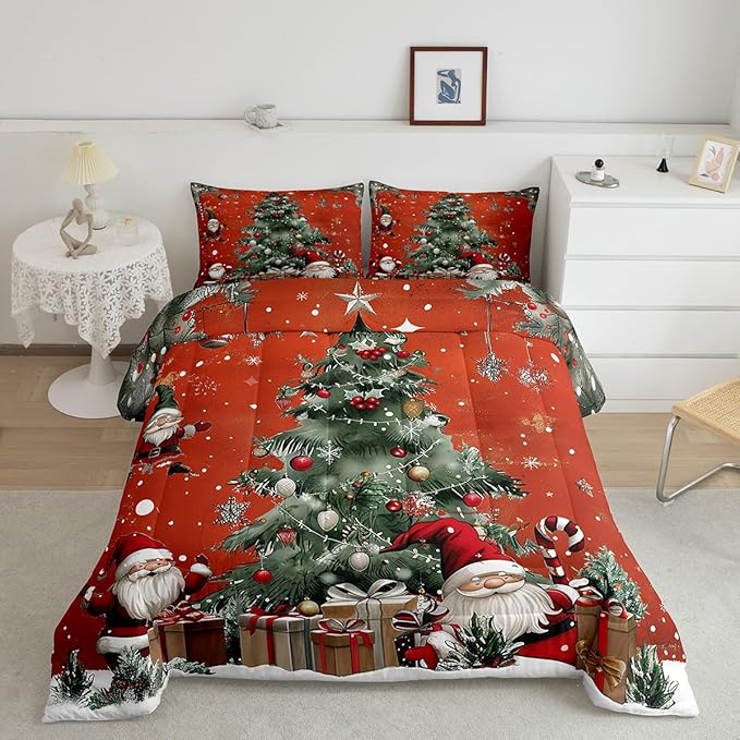 Christmas Theme Comforter Set Twin Size,Snowflake Christmas Tree Bedding Set for Kids Teens Adults Room Decor,Santa Claus Red Quilt Set 2Pcs,X'mas Star Polka Dot Glitter Duvet Insert,1 Pillowcase