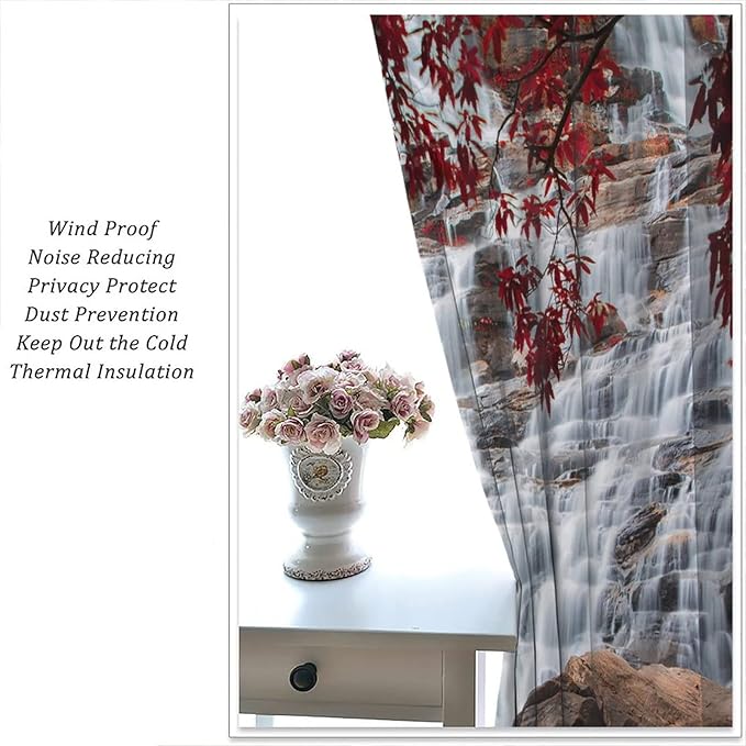 Waterfall Blackout Windows Curtains, Waterfall Red Forest Pattern Nature View Curtains, for Living Room Bedroom 63x72in 2 Panels