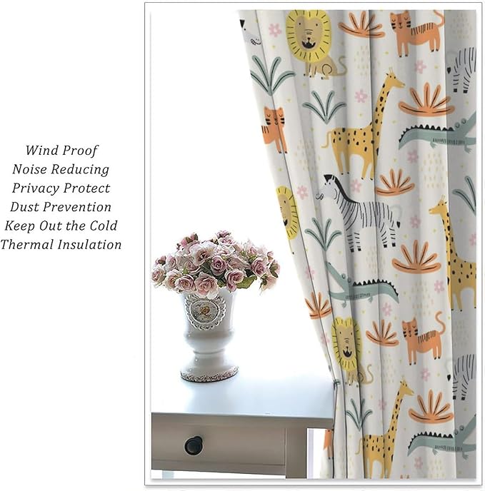 Wild Animals Curtains, Cute Cartoon Animals Zoo with Lion Zebra Crocodile Cat and Giraffe Tropical Jungle Plant Print Window Treatments for Kids Boys Girls Bedroom Living Room 63x63in