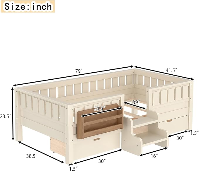 Bellemave Twin Size Kids Bed with high Rails and with Built-in Bookshelf and Drawers for Kids, Girls, Boys, Wood Montessori Bed Without Door, Beige